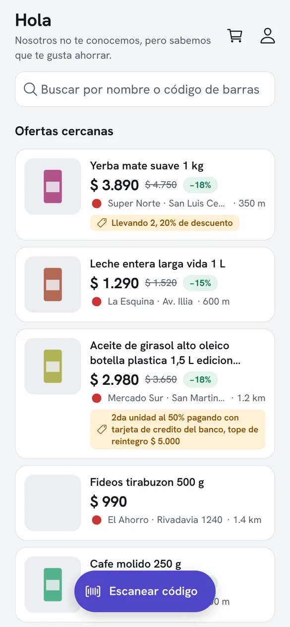 Pantalla de inicio de la app, con las ofertas cercanas